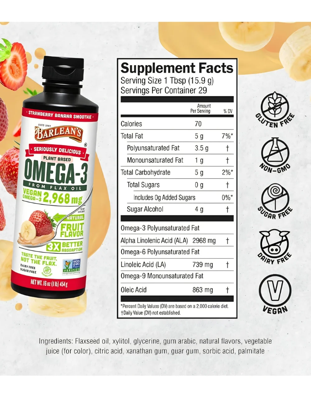 Omega-3 Plant-Based Flax Oil - Strawberry Banana, 8 oz